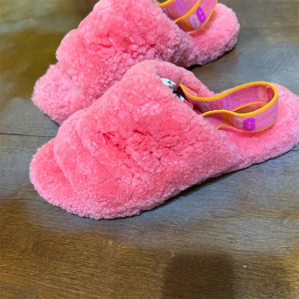 UGG Fluff Yeah Slide Slippers Girls Size 4 Pink Shearling Slingback